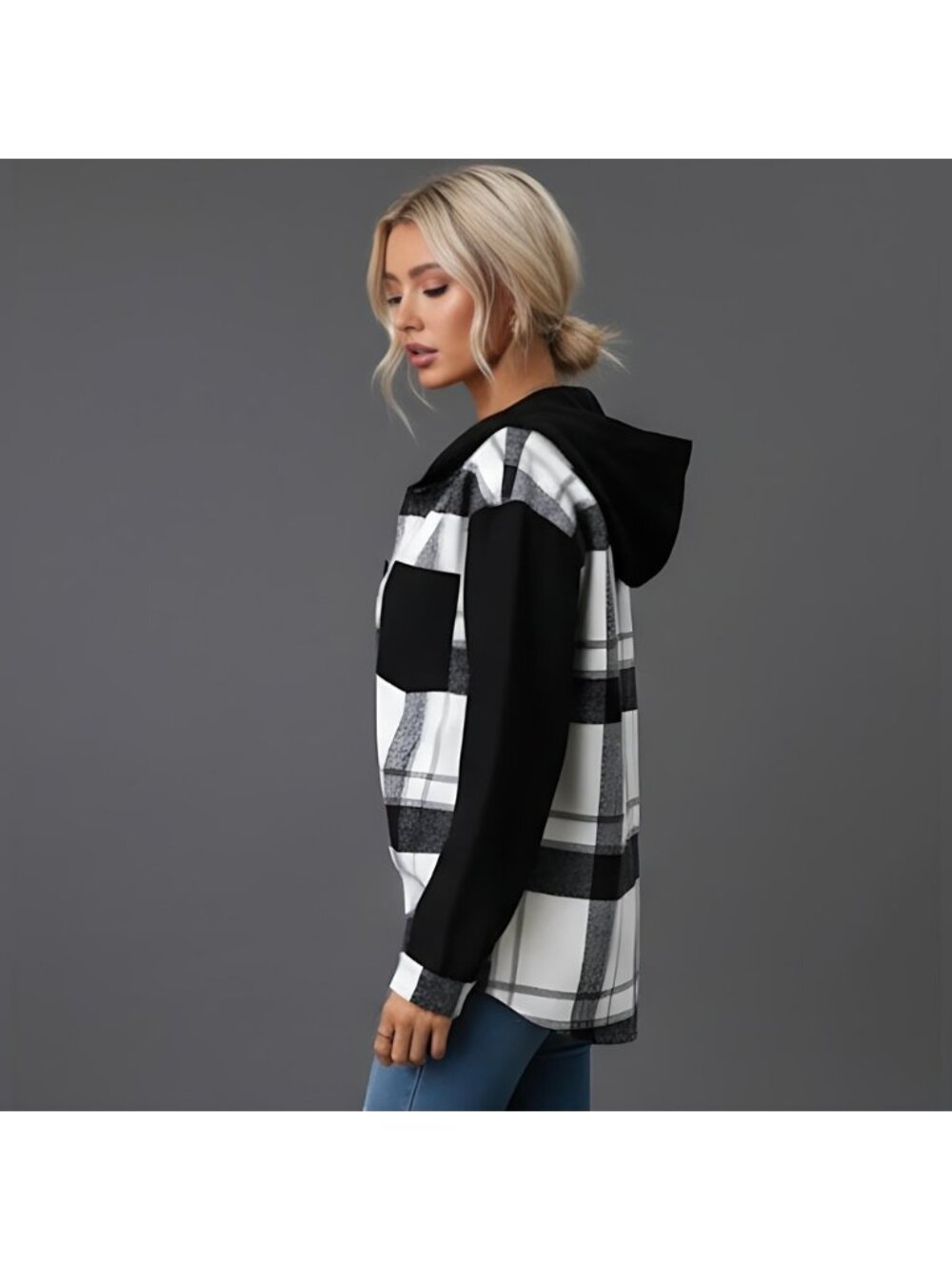 Plaid Print Drop Shoulder Hooded Shirt - Picture 5 of 9